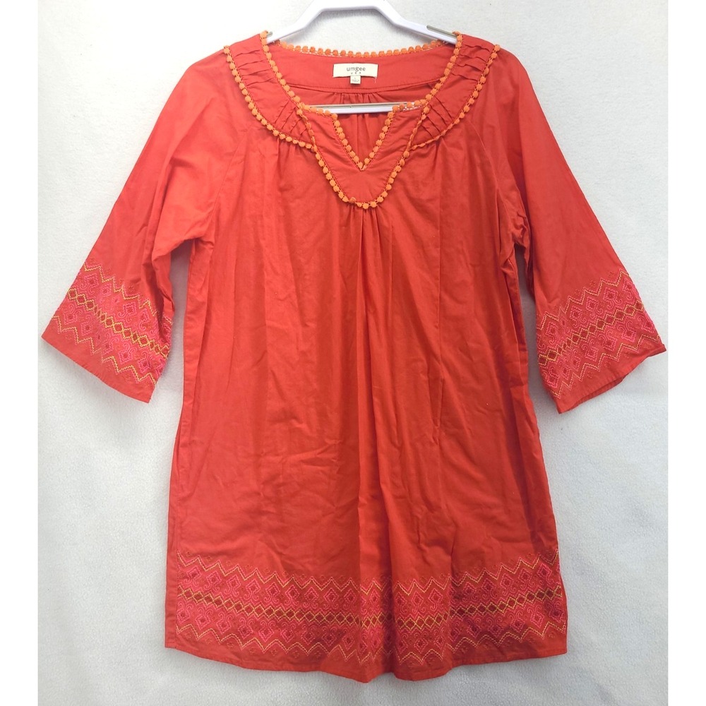 UMGEE Orange Tunic Top L Geometric Embroidery Cotton